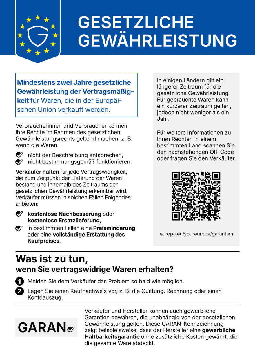 Offizieller EU-Hinweis zur gesetzlichen Gewährleistung beim Kauf von Waren (mindestens zwei Jahre) mit QR-Code zum EU-Portal „Ihr Europa“
